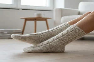 جوراب پشمی زنانه بافتنی کرم رنگ در فضای داخلی گرم و مینیمال، مناسب زمستان و هوای سرد