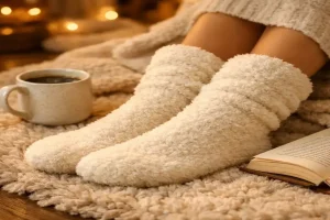 جوراب حولهای یا خزدار زنانه کرم رنگ در استایل خانگی زمستانی، کنار لیوان قهوه و کتاب روی فرش نرم